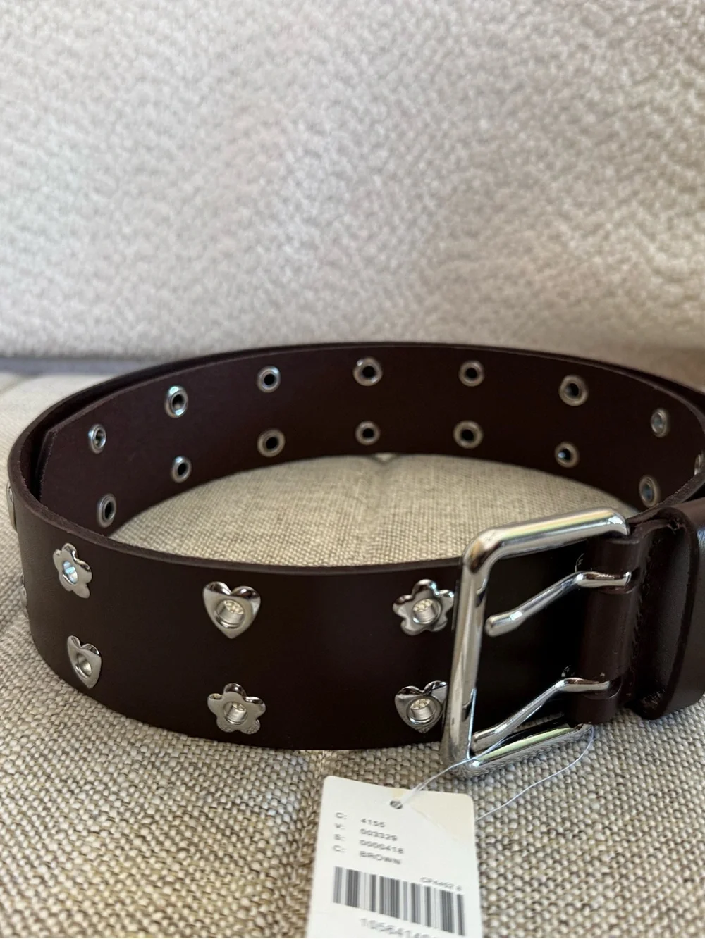 Anthropologie Dark Brown Leather Belt with Silver Heart & Flower Studs NWT